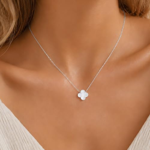 Clover Necklace Bracelet and Stud Earrings Jewelry Sets for Women | 18K Gold Plated Stainless Steel, Black/White Four Leaf Clover set,Christmas Birthday Lucky Gifts for Mom Wife Girlfriend - color: Silver White 3PCS