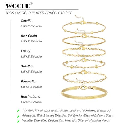 Wgoud Waterproof Gold Bracelets for Women Trendy, Dainty 14K Real Gold Plated Fashion Stackable Bracelet Sets for Women Thin Cuban Link Paperclip Chain Bracelets Layered Gold Jewelry Sets Gifts for Womens - color: 6Pcs Gold Bracelet A