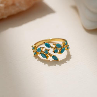Boho Turquoise Rings for Women Non Tarnish Western Gold/Silver Leaf Ring | 14k gold plated/silver plated white copper natural turquoise ring,bohemian adjustable open wrap knuckle rings
