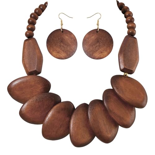 Coiris Chunky Wooden Necklace and Earring Set for Women Boho Statement Jewelry Ethnic Accessories - color: Brown