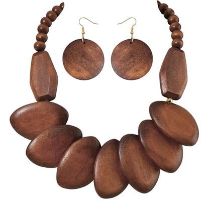 Coiris Chunky Wooden Necklace and Earring Set for Women Boho Statement Jewelry Ethnic Accessories - color: Brown