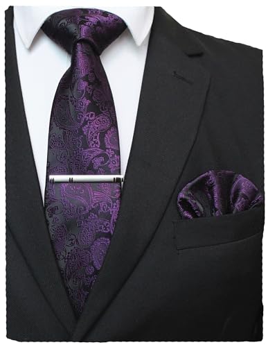 JEMYGINS Mens Solid Color Paisley Necktie and Pocket Square with Tie Clip Sets - color: Purple