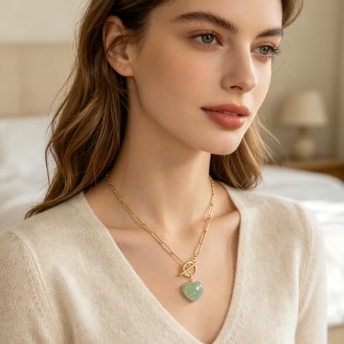Teardrop CZ Pendant Paperclip Chain Necklace 18K Plated Paperclip Toggle Necklace Jewelry Birthstone Gift for Women - color: Heart Green Aventurine