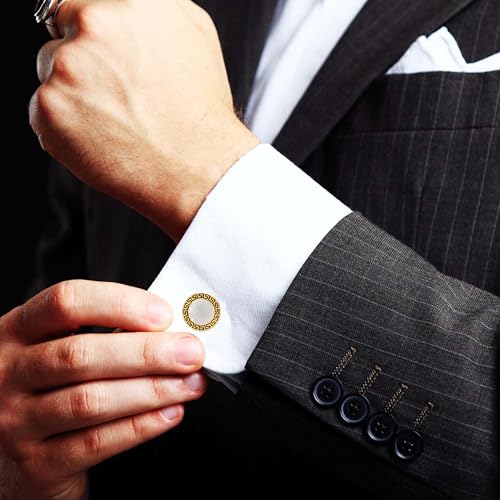 LeCalla 925 Sterling Silver Men's Cufflink | Silver Cufflinks For Men Jewelry | 14K Gold-Plated Cufflinks Business Wedding Shirt Accessories Gift for Son, Father, Husband - style: MOP Greek-Key with Customized Box