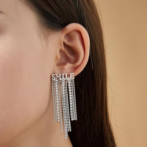 Long Tassel Dangle Drop Earrings, Silver/Gold Cz Chain Earrings for Women Fringe Geometric Bar Drop Formal Earrings Prom Party Lightweight Jewelry Gifts - color: I