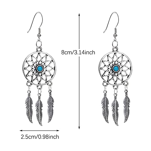 KaFu Woman Retro Silver BOHO Style Metal Dangle Drop Earrings Dream Catcher Statement Feather Dangle Tassels Turquoise Earrings for Women Girls - color: Silver-1
