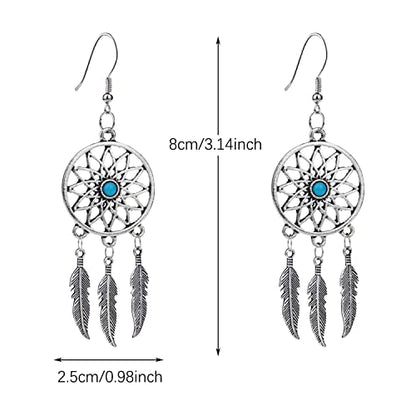 KaFu Woman Retro Silver BOHO Style Metal Dangle Drop Earrings Dream Catcher Statement Feather Dangle Tassels Turquoise Earrings for Women Girls - color: Silver-1