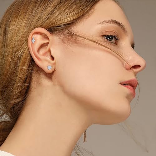 NICEIGHT 2Pcs 16G 18G F136 Titanium Threadless Cartilage Earrings Stud for Women Flat Back Push in Helix Tragus Labret Monroe Stud Hypoallergenic Flower Conch Lobe Stud Piercing Jewelry 6/8MM - color: Silver, size: 16G