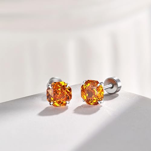 Zircon Flat Back Screw Hypoallergenic Surgical Steel Stud Earrings - color: Solar Flare Orange, size: 1ct - 0.24 Inch (6mm), None Gift Box