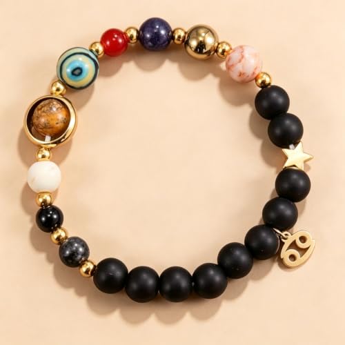 Solar System Planet Bead Zodiac Sign Stretch Bracelet for Men Women | Matte black beads with solar system planet stones, unisex design, perfect birthday holiday gift for men women - color: cancer