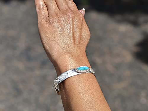 Native American Bracelet, Turquoise Cuff, Sterling Silver Engraved Accents Jewelry, SouthWest Artisans sz 6.75in