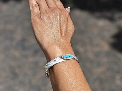 Native American Bracelet, Turquoise Cuff, Sterling Silver Engraved Accents Jewelry, SouthWest Artisans sz 6.75in
