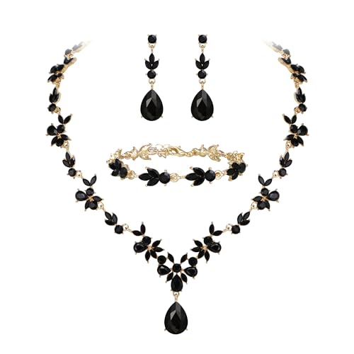 BriLove Wedding Jewelry Set for Women,Gorgeous Crystal Bridal Accessories | Y-Necklace Tennis Bracelet Dangle Earrings Set,Shiny Teardrop Marquise Cluster,Prom Party Jewelry,for Bride Bridesmaid - color: Black Gold-Plated-Base