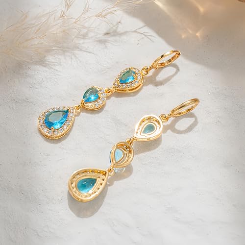 18K Gold Plated Flower Dangle Earrings for Women, Hypoallergenic Cubic Zirconia Earrings, Elegant CZ Drop Earrings, Statement Jewelry Gifts Party Fashion - style: OBS0354-Blue