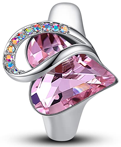 Leafael Infinity Love Women's Adjustable Crystal Heart Ring with Birthstone Crystals Healing Stones, Jewelry Gifts for Women, Birthdays Valentine's Day, Silver-Tone, Open End, Size 6.5-8 - color: 03b-October-Love-Rose Quartz Pink