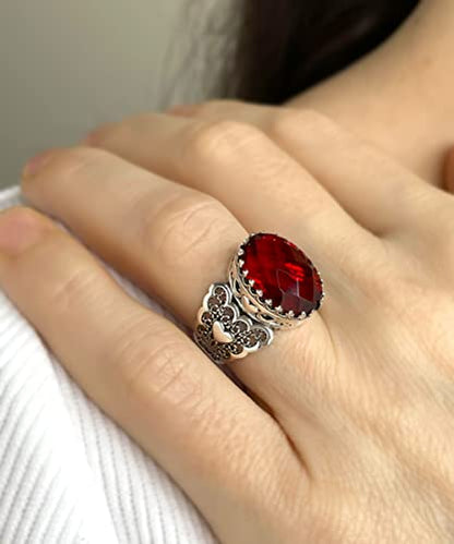 Filigranist 925 Sterling Silver Handcrafted Filigre Art Double Heart Detailed Women Cocktail Ring with Gemstones - color: Ruby Quartz
