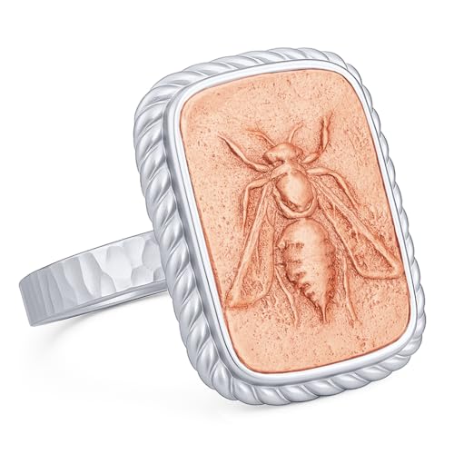 925 Sterling Silver Two Tone Hammered Artemis Honey Bee Coin Signet Ring | Handcrafted Artisan Design, Ancient Queen Bee Heritage, Heirloom Quality, Timeless Keepsake for Meaningful Gifting - color: 03-Sterling Silver Ring - 18K Rose Gold Vermei Coin