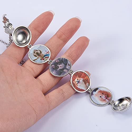 Ornaland Round Expanding Photo Locket Pendant Necklace for Women Men with Angel Wings, 4 Photo Locket Alloy Neck Decoration for Mother's, Platinum, 24.41 inch(62cm)
