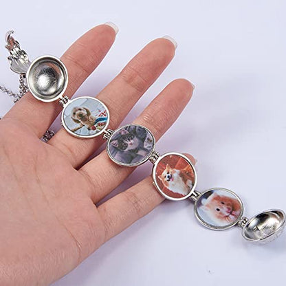 Ornaland Round Expanding Photo Locket Pendant Necklace for Women Men with Angel Wings, 4 Photo Locket Alloy Neck Decoration for Mother's, Platinum, 24.41 inch(62cm)