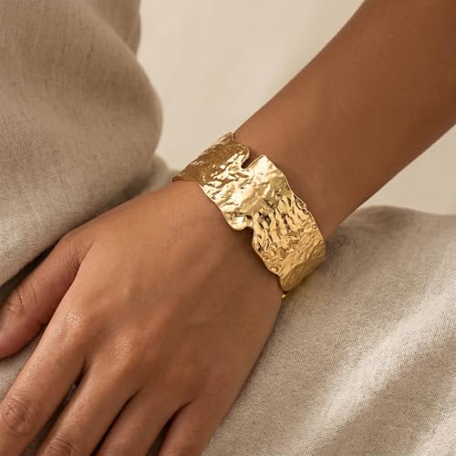 Gold Cuff Bracelets for Women Vintage Adjustable Boho Chunky Cuffs Bangle Handmade Irregular Jewelry