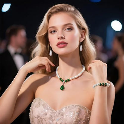 CSIYANJRY99 Pearl Jewelry Set for Women Prom Accessorie Faux Pearl Necklace Bracelet Earring Set Bride Bridesmaid Costume White Jewelry Sets - color: E-Green