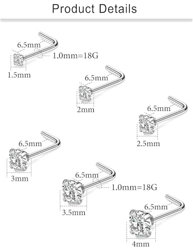 Cisyozi 18G Nose Rings Studs Hypoallergenic Nose Piercings 316L Surgical Steel Silver Nose Rings Set L Shaped Nose Nostril Piercing Jewelry for Women Men Diamond CZ 1.5mm 2mm 2.5mm 3mm 3.5mm 4mm - color: 18G - Silver - CZ 1.5mm 2mm 2.5mm 3mm 3.5mm 4mm