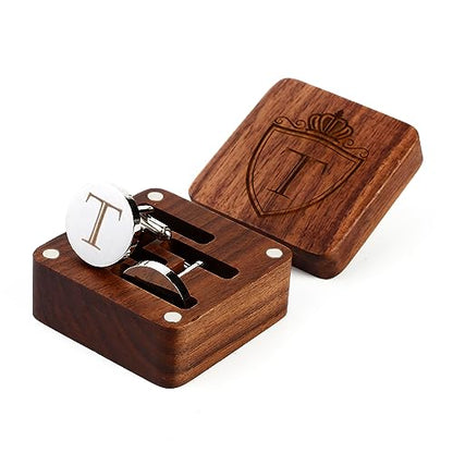 Mens Initial Silver Cufflinks A-Z Alphabet Letter Steel Cuff Links with Engraved Walnut Wood Box Groom Groomsman Wedding Set… - style: T