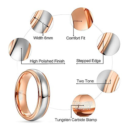 NUNCAD Men Women Tungsten Wedding Engagement Band | 4/6/8mm Two-tone Gold Silver, Domed Polished Step Edges, sizes 5-12 Wedding Band - color: 6mm-Rose Gold & Silver