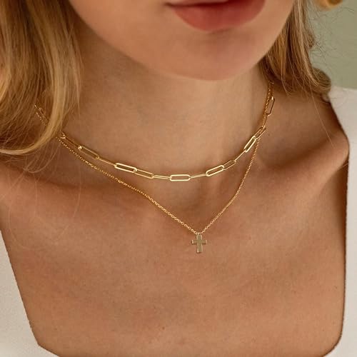 14K Gold Layered Cross Necklaces for Women,Tiny Small Sideways Cross Necklace Minimalist Christian Jewelry Gifts First Communion Confirmation Easter Stuff,2Pcs - color: Style E，paperclip with cross