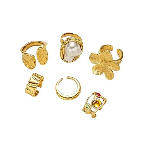 3/6 PCS Silver Chunky Pearl Rings Set for Women Gold Baroque Pearl Flower Open Ring Adjustable Crystal Large Ring Set Personalized Statement Knuckle Rings Fashion Costume Jewelry Accessories - color: crystal gold