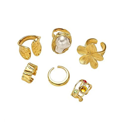 3/6 PCS Silver Chunky Pearl Rings Set for Women Gold Baroque Pearl Flower Open Ring Adjustable Crystal Large Ring Set Personalized Statement Knuckle Rings Fashion Costume Jewelry Accessories - color: crystal gold