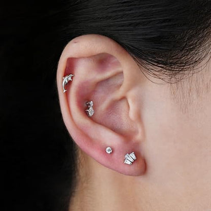 FINE4U 1PC 16G ASTM F136 Titanium Octopuses Piercings Jewelry with 6mm 8mm Post for Conch Helix Flat Labret 16G 6mm 8mm - color: Dolphins - Tit