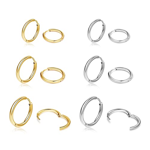 5-10 Pairs Small Gold Silver Hoop Earrings for Women, Stainless Steel Earrings Set Mens Lightweight Thin Hypoallergenic Small Hoops Set - style: 6pcs-G+S