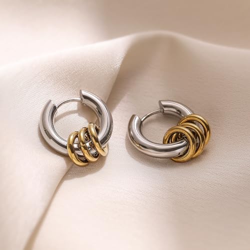 18K Gold Plated Stainless Steel Round Hoop Earrings For Women Non-Fading Jewelry - color: silver with small gold circle