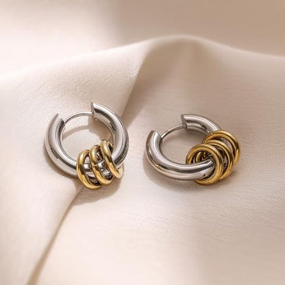 18K Gold Plated Stainless Steel Round Hoop Earrings For Women Non-Fading Jewelry - color: silver with small gold circle