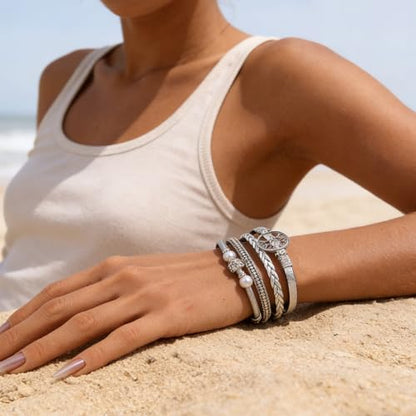 hotoo Leather Wrap Bracelets for Women Tree of Life Cuff Bracelets Pearl Rhinestone Bead Multi-Layer Bracelets Bohemian Jewelry Gift for Women - color: Silver