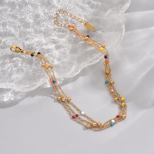 18K Gold Plated Boho Beaded Anklets for Women Dainty Gold Layered Round Ball Ankle Bracelet Pearl Cross Anklet Bracelet Waterproof Gold Jewelry - color: 3Layered Colorful Beads-Gold