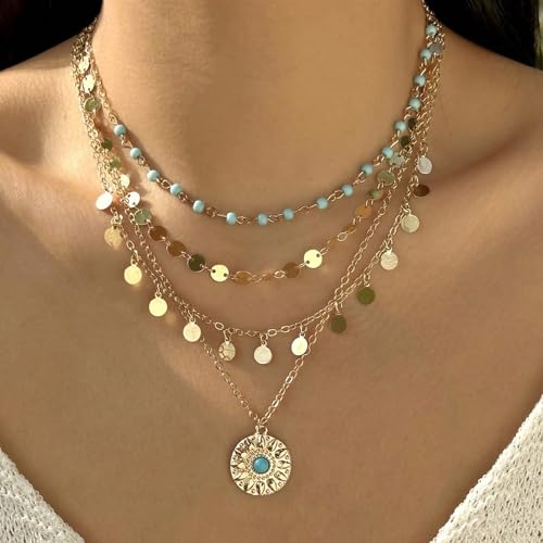 HUASAI Boho Necklaces for Women Dainty Layered Choker Necklace Bohemian Turquoise Necklace Statement Jewelry Western Cowgirl Country Concert Outfits Accessories - color: A-Gold Boho