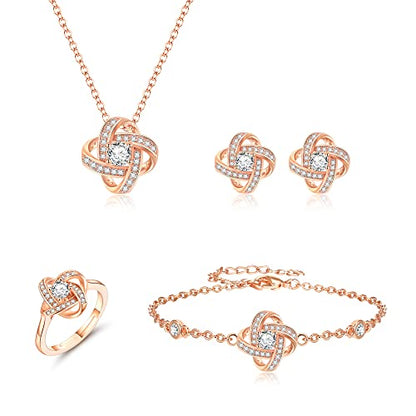 EleQueen Jewelry Set for Women, Silver/Gold/Rose Gold/Plated Sparkle Cubic Zirconia Flower Bud Bridal Necklace Earrings Bracelet Ring Sets for Wedding Prom - color: Rose Gold