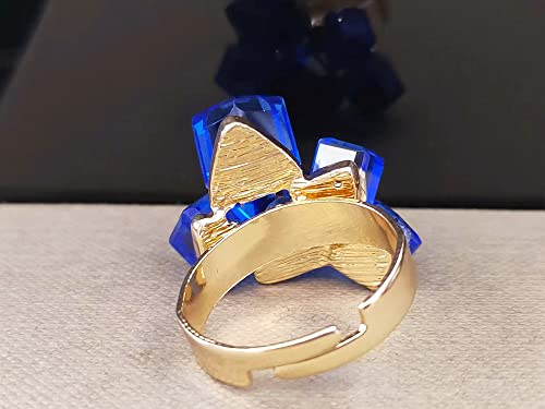 Hebelee Boho Square Crystal Statement Ring for Women Adjustable | Gold-Toned Expandable Promise Engagement Geometric Rings Comfort Fit Elegant Art Deco Christmas Cocktail Y2K Jewelry - color: Blue