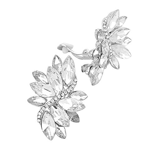 Rosemarie Collections Women's Dazzling Crystal Marquis Leaf Cluster Statement Clip On Earrings, 1.87" - style: Clear Crystal Silver Tone