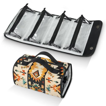 Boho Aztec Western Hanging Roll Up Cosmetic Bag with 4 Removable Storage Bags Waterproof Foldable Toiletry Kit for Women - color: Multicolor 14
