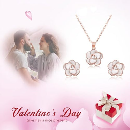 EleQueen Rose Flower Necklace Earrings Bracelet Set for Women - color: White-Rose Gold-Tone