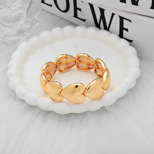WOWORAMA Chunky Chain Bracelet for Women, Gold/Silver | Adjustable Elastic Stretch Bracelet, Thick Chunky Link Bracelet, Statement Jewelry - color: Gold Heart