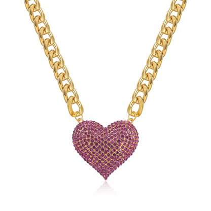Gold Cuban Link Chain Necklace with Red Crystal Heart Pendant, Statement Chunky Curb Link Chain，Fashion Jewelry for Women - color: Peach red