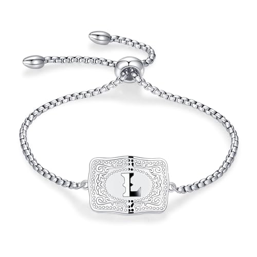 Belt Buckle Initial Bracelet for Women, 18K Gold/Silver Plated Belt Buckle Initial A-Z Bracelet, Unique Western Style Jewelry Gifts for Women Men - style: L