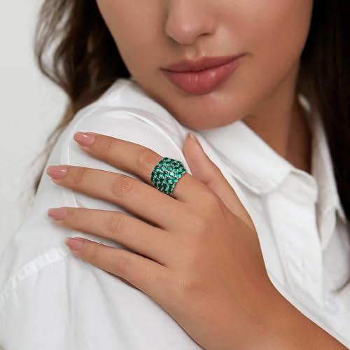 925 Sterling Silver Pave Birthstone Chunky Statement Rings for Women Men | 14K Gold Plated/Silver Large Dome Ring Birthday Cocktail Jewelry,Size 6 to 10(with Gift Box) - color: 05-Created Emerald-May