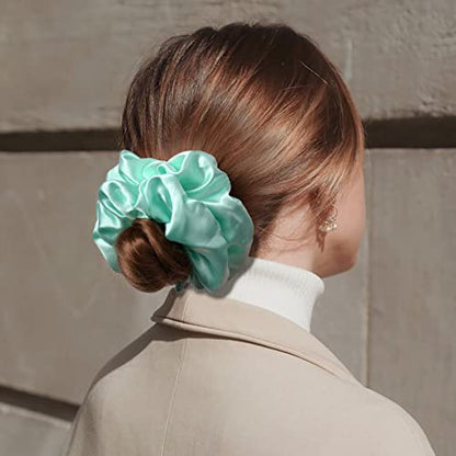 Large Silk Satin Scrunchies - Jumbo Hair Ties for Thick Curly Hair - Pack of 6 (Green) - color: Green, size: 1 Count (Pack of 6)