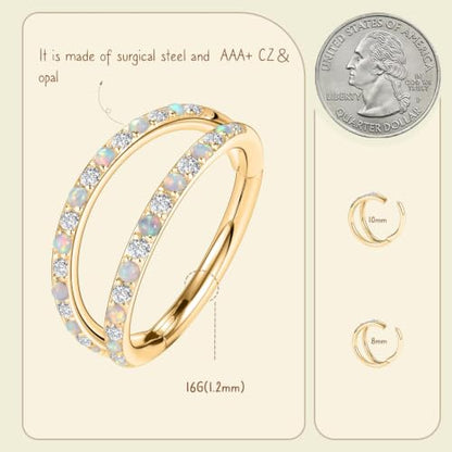 AROWRO Conch Piercing Jewelry Nose Rings Hoops Septum Cartilage Helix Rook | Surgical Steel Gold Silver Cartilage Earrings for Women Tragus Helix Piercing Jewelry 16G 18G 20G With Cubic Zirconia Opal - color: Gold-D1 Clear CZ & Opal, size: 16G(1.2mm)-10mm