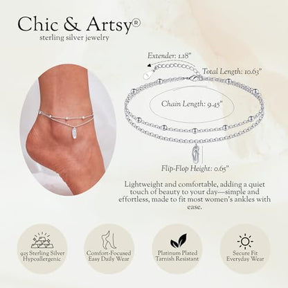 CHIC & ARTSY 925 Sterling Silver Ankle Bracelets for Women, Adjustable Layered Foot Chains with Nature & Symbol Charms, Lightweight Comfort Fit Boho Beach Everyday Jewelry - color: Flip Flops/silver